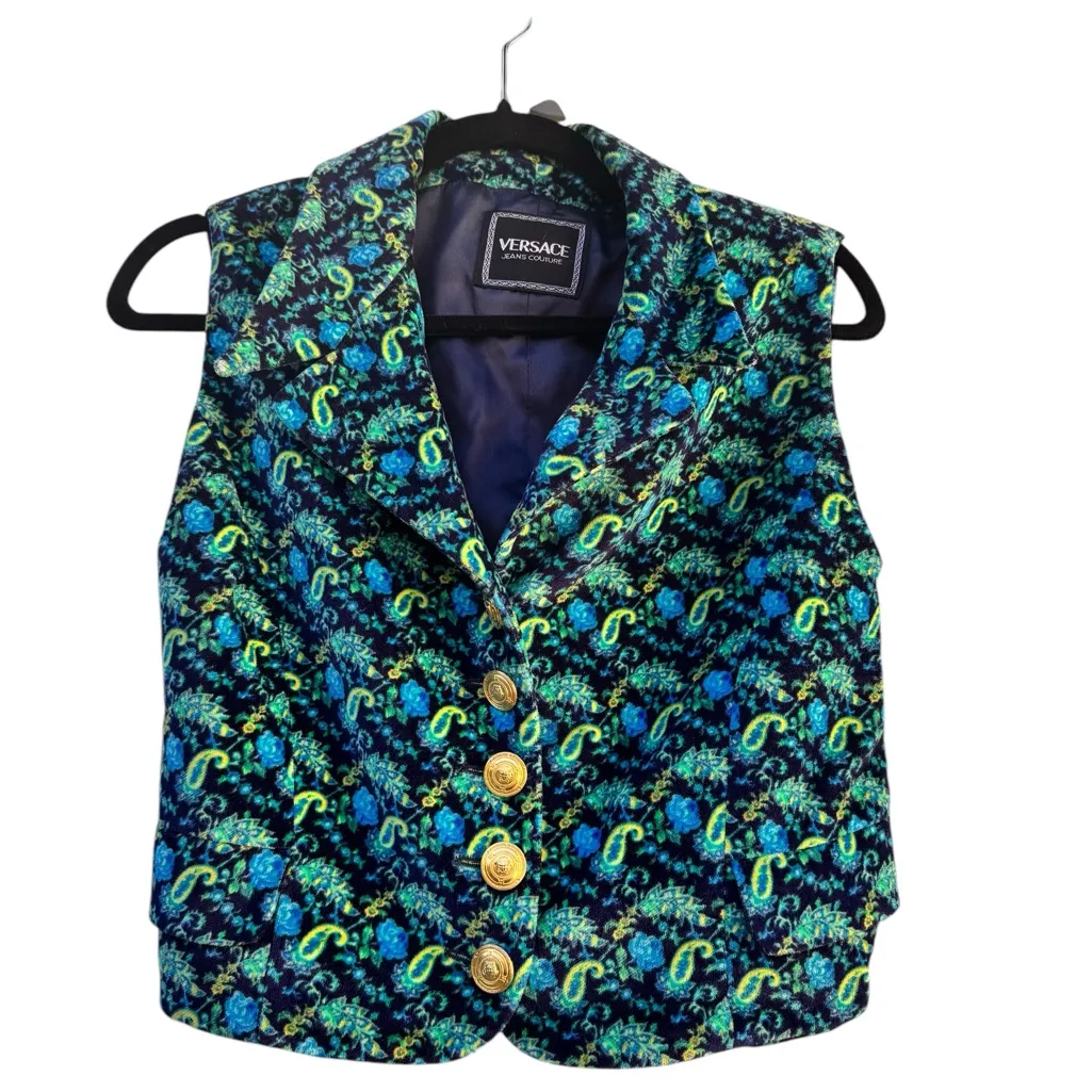 Versace Jeans Couture Vintage Cropped Paisley Baroque Vest Gold Medusa Buttons Blue Size XS - Image 4