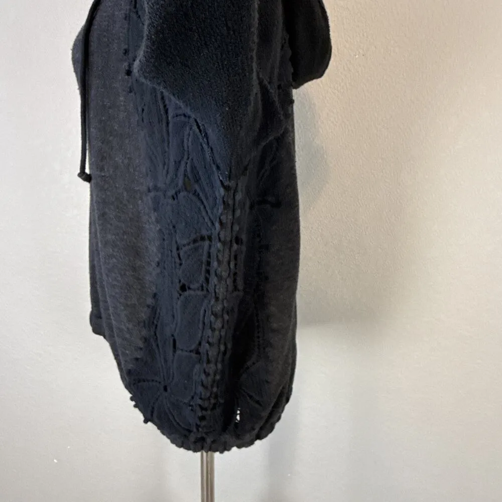 Free People Hooded Lace Inset Long Sleeve Sweater Size M Heather Black Cotton - Image 4