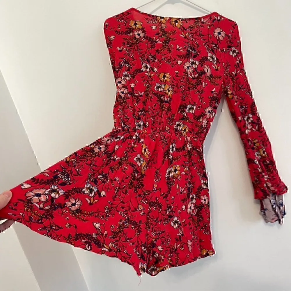 XHILARATION Coral Red Multi Floral Long Bell Flare Sleeve Wrap Surplice Romper S - Image 12