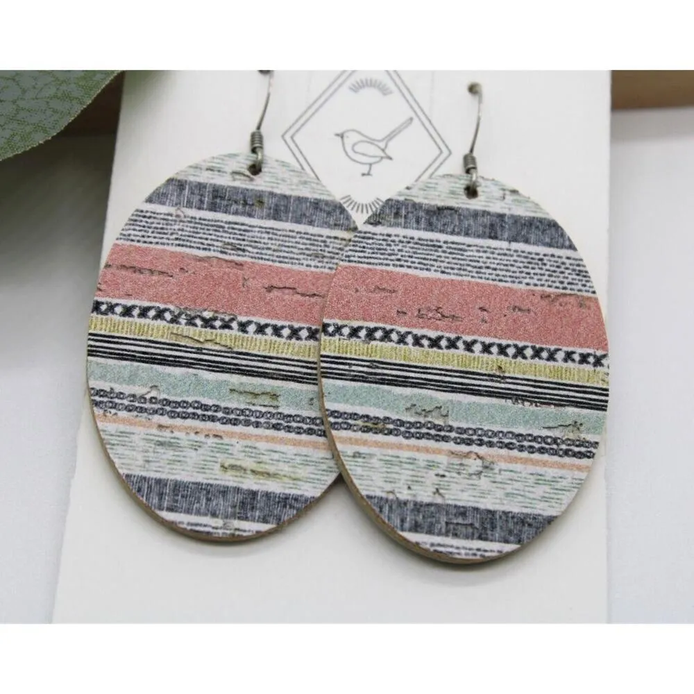 Cork on Leather Oval Earrings Pastel Multi-Colored Stripes - Image 3