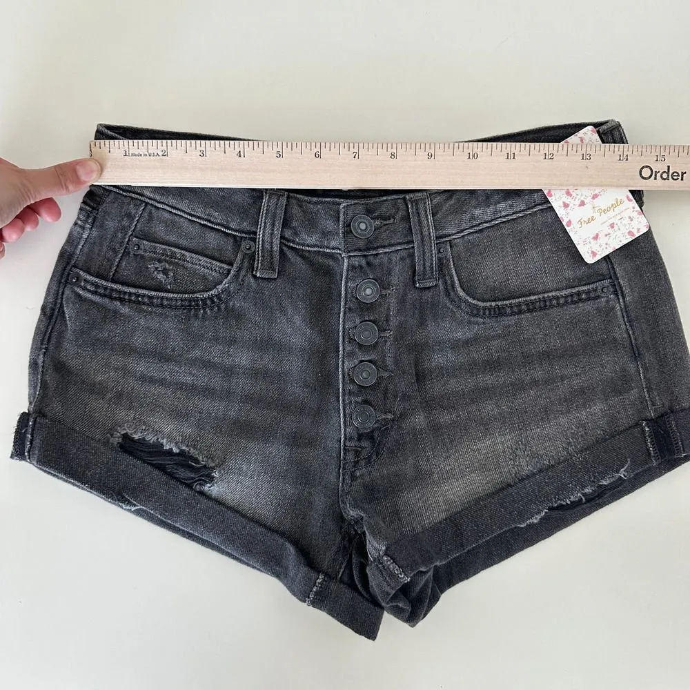 Free People Denim Shorts 25 Black Distressed Mid Rise Rolled Hem Festival Boho - Image 7