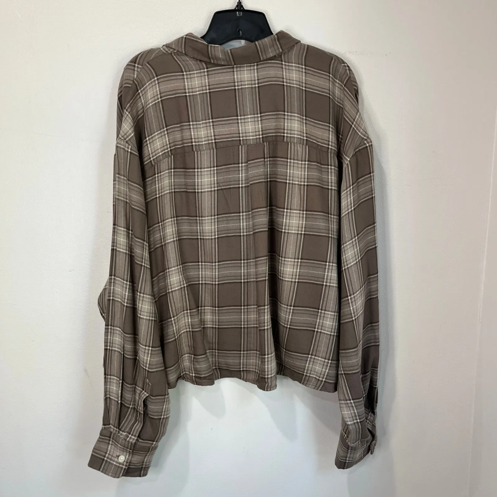 GAP Brown Plaid Cropped Flannel Button Down Shirt XXL Soft Casual Fall - Image 3