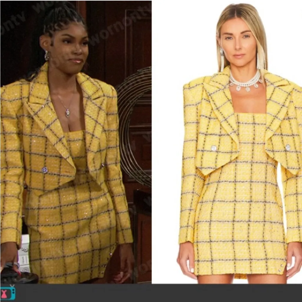 Assignment Revolve Cady Strapless Tweed Mini Dress Yellow‎ L Yellow Size L - Image 5