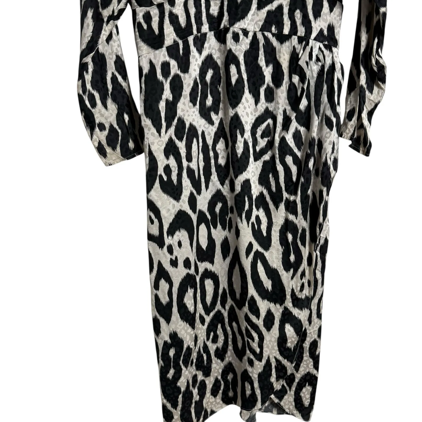 Ronny Kobo Jade Black White Animal Print Long Sleeve Asymmetric Silk Midi Dress Size L - Image 10