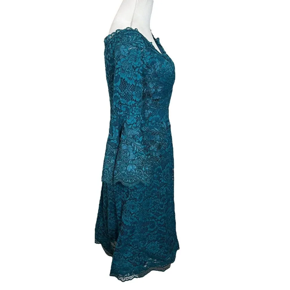 Teri Jon by Rickie Freeman Bell Sleeve Off The Shoulder Lace Dress Teal Size 4 Blue - Image 5
