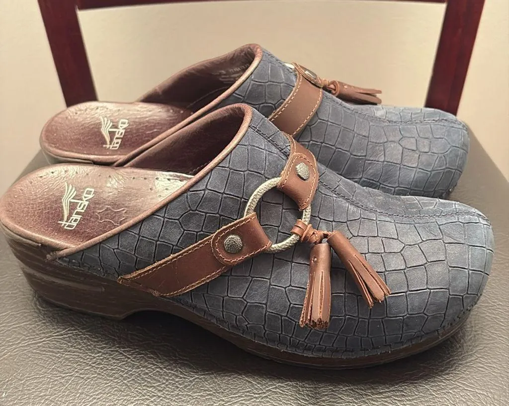 Dansko Sandi Blue Suede Platform Clogs with Brown Tassels - Image 2