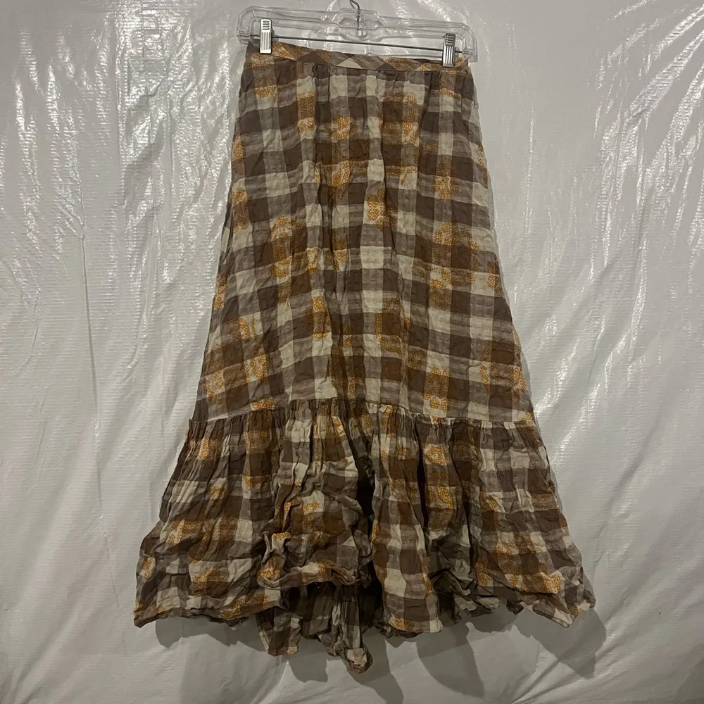 Urban Outfitters Brown Plaid Peasant Linen Skirt Size XS - Image 2