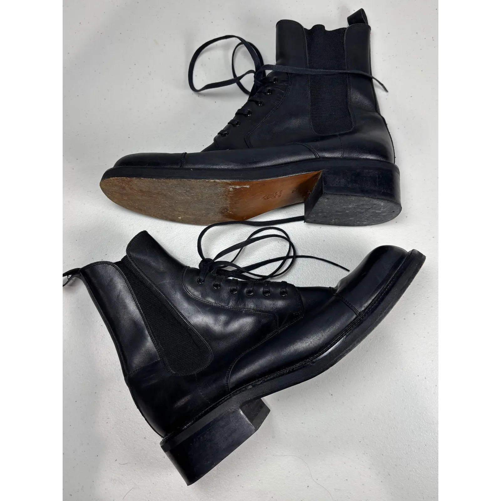 Charles David Black Combat Boots Women 10 Leather Stretch Lace Up Goth Emo $250 - Image 6