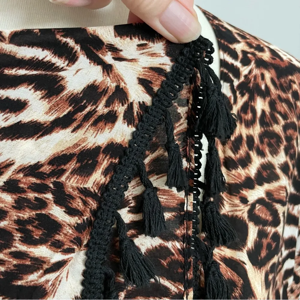 Bobbie Brooks Kimono Cardigan Fringe Leopard Animal Print Brown Black Cream - Image 7