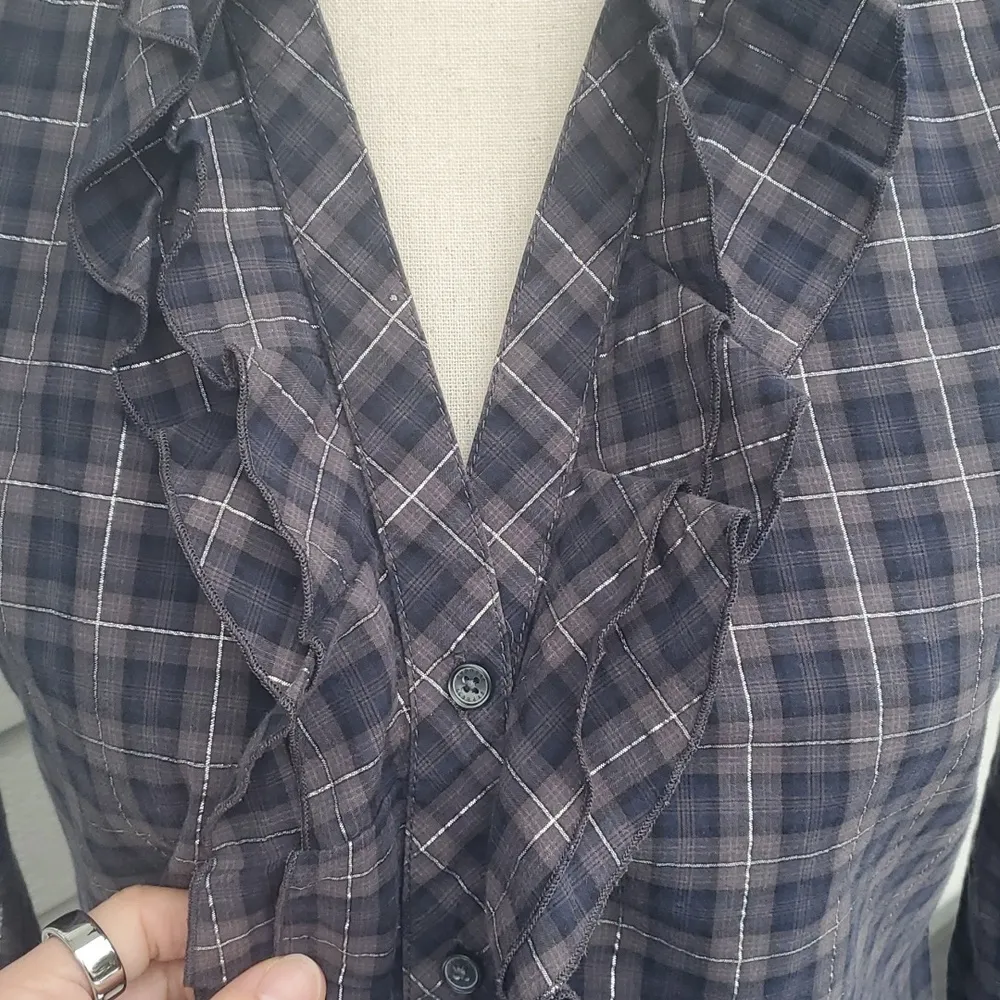 Express Plaid V-Neck Ruffle Button-Up Shirt - Size Small - Image 4