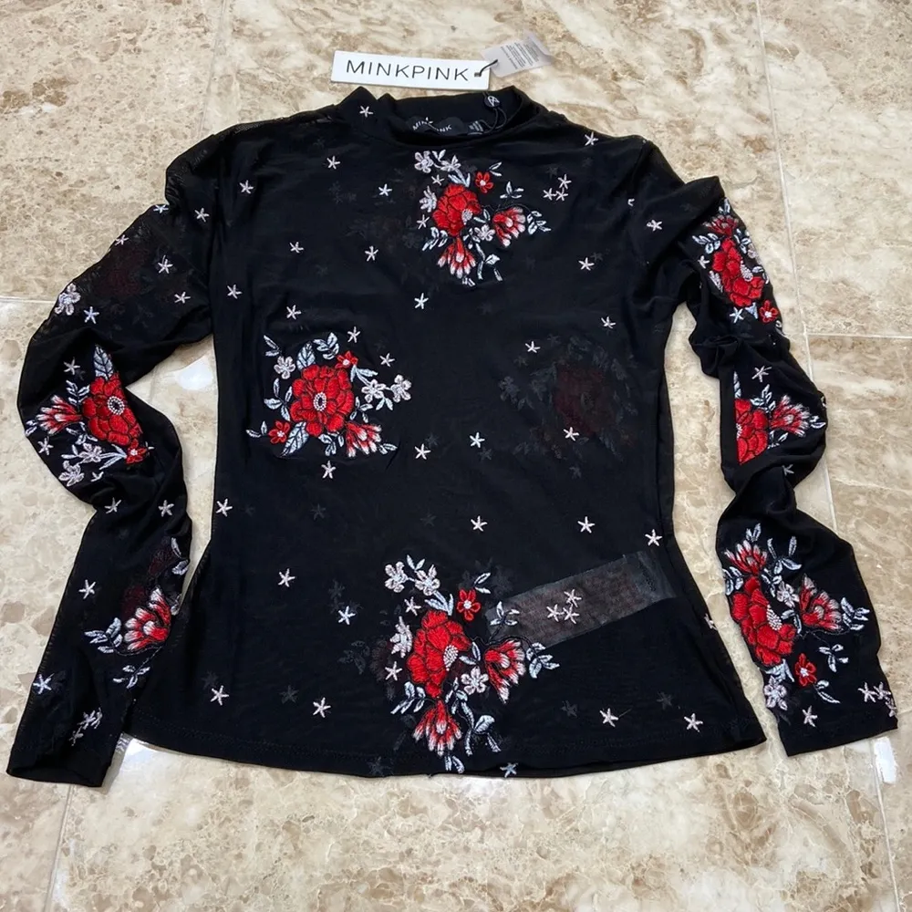 Mink Pink Embroidered Mesh Long Sleeve Top. Size XXS. NWT - Image 2