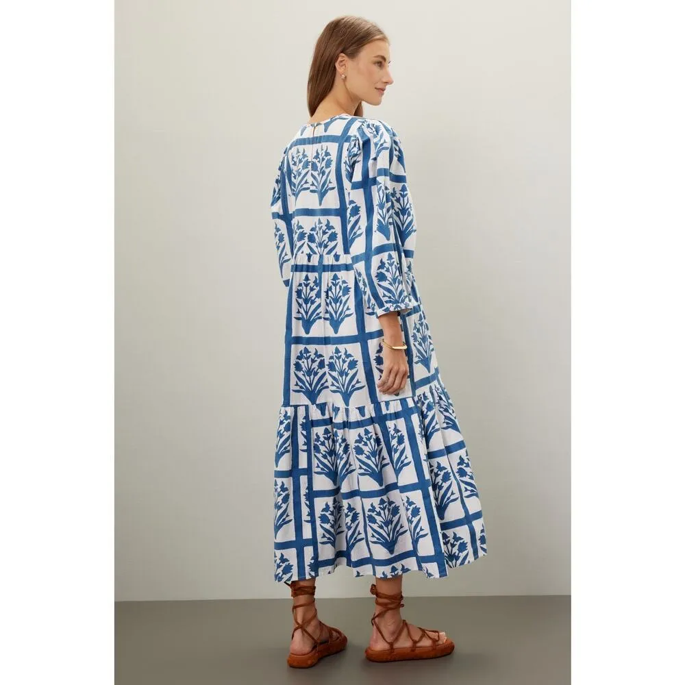 SZ BLOCKPRINTS Blue White Floral 100% Cotton Long Sleeve Orti A - Image 2