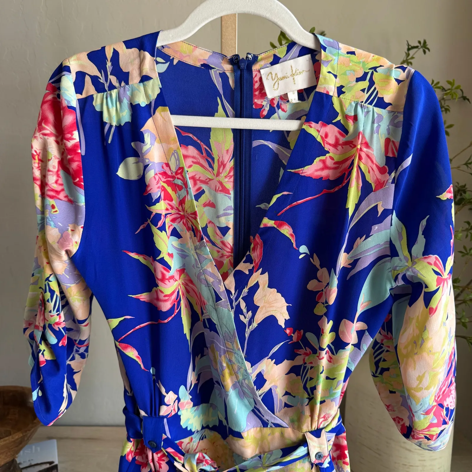 Yumi Kim Silk Floral Wrap Romper Blue Tropical Print M - Image 4