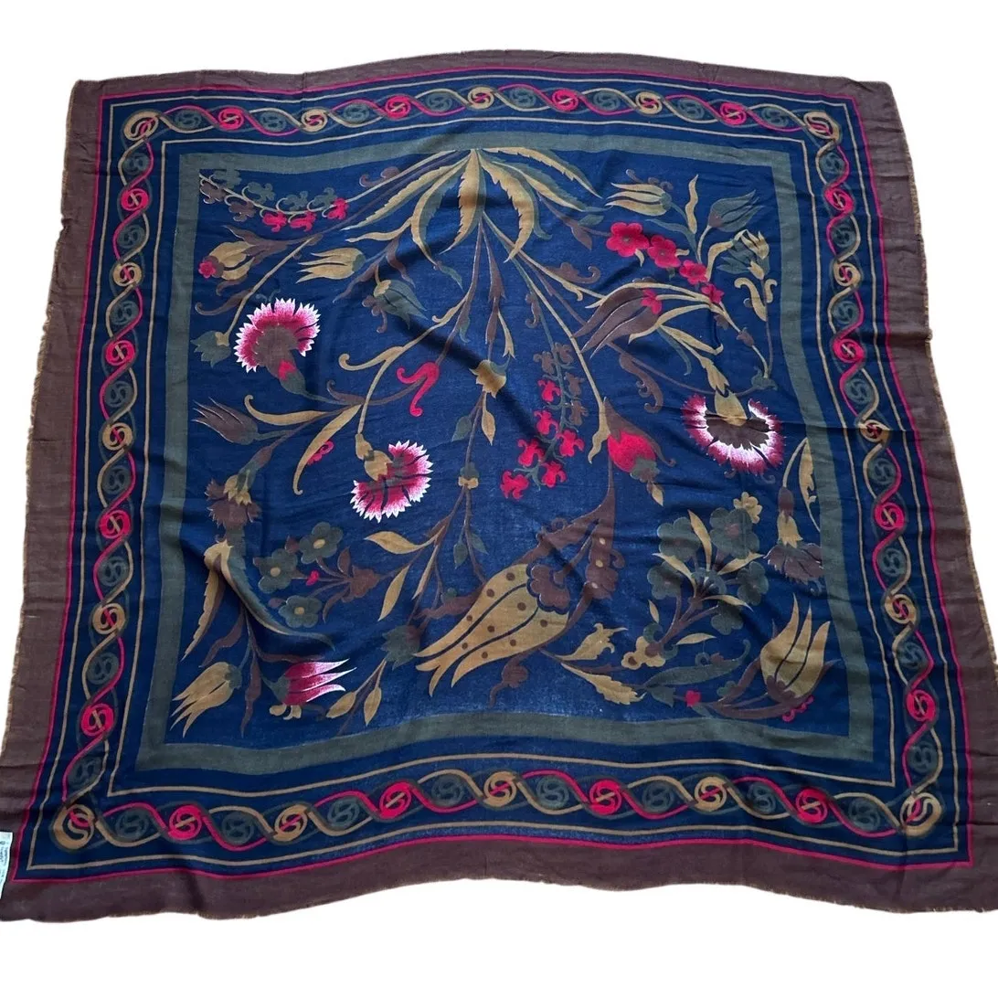 Vintage Symphony Scarf Olive Black Brown Earth Tone Floral Print 45x45 - Image 3