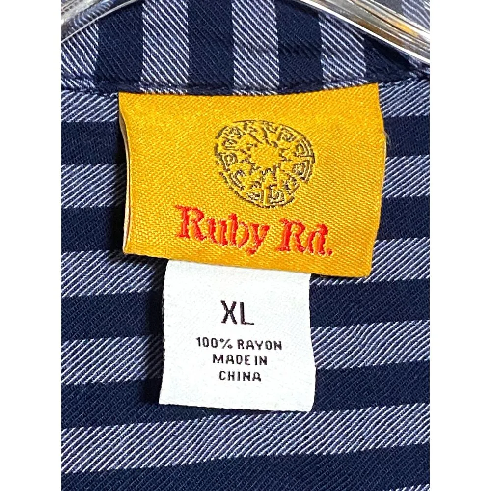 Ruby Rd Rayon Button Shirt Striped Womens XL Lagenlook Flowy Coastal Boho Resort Blue - Image 6