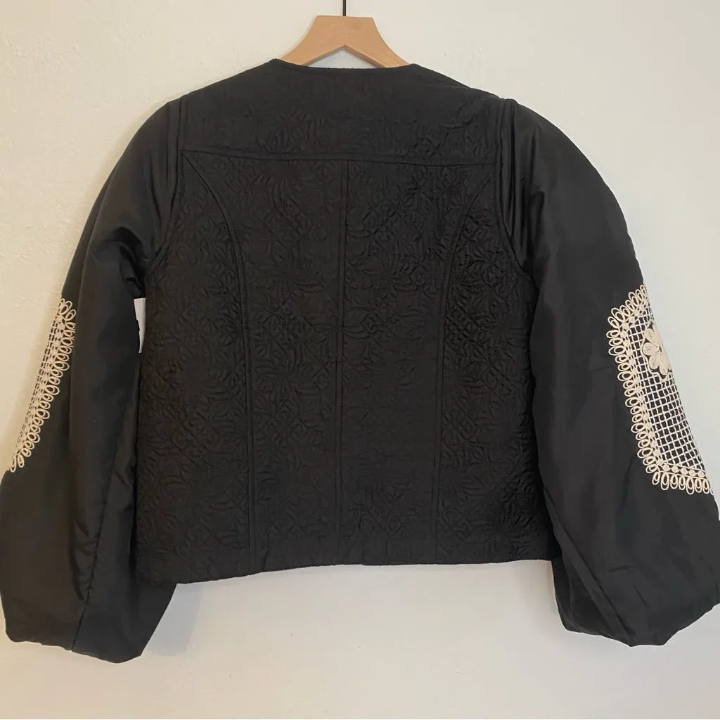 Anthropologie Floral Quilted Satin Puff Sleeve Crochet Lace Black Jacket NWT - Image 8