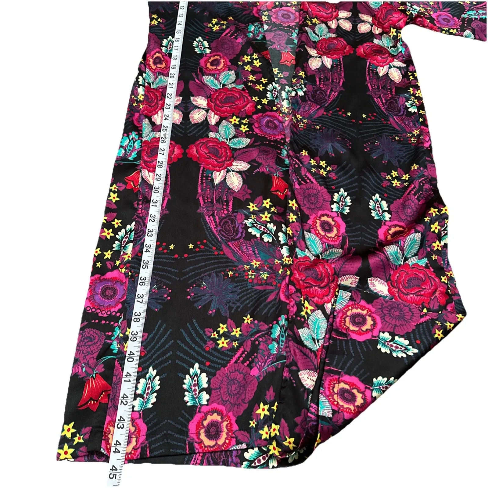 Free Press Accessories Navy Jewel Tone Satin Floral Open Robe Duster Cover Up M - Image 6