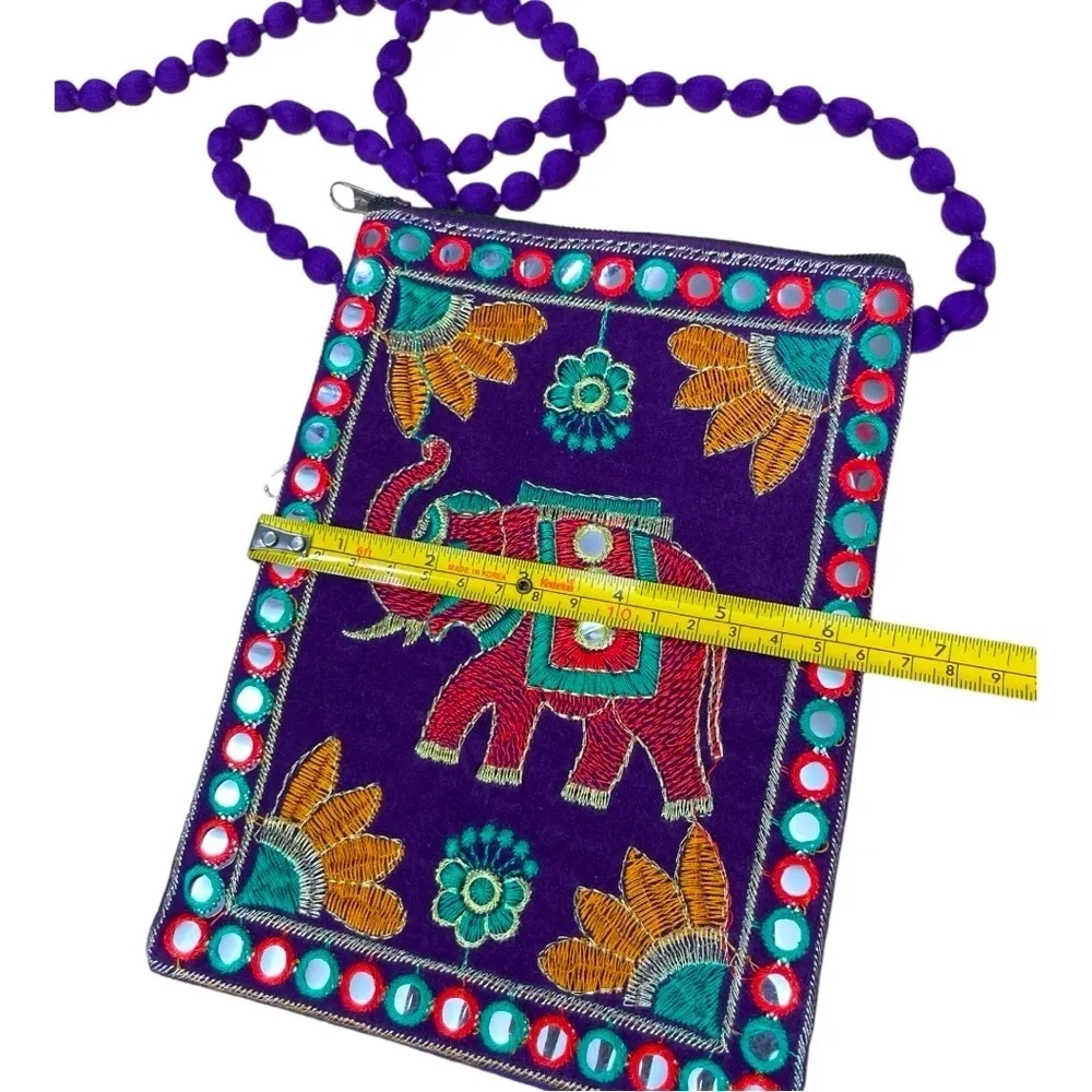 Ethnic India Embroidered Bag with Elephant, Mirrored Detail and Mixed Designs Purple - Image 8