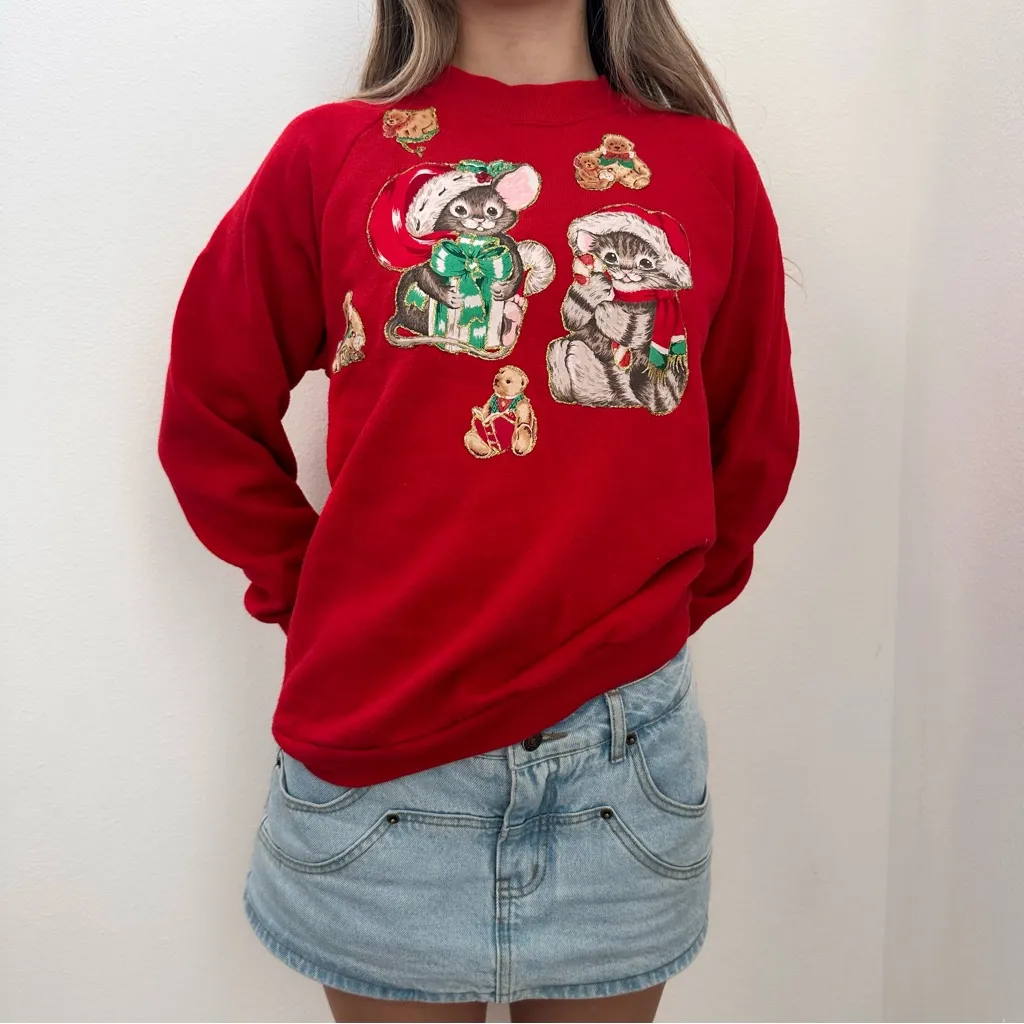 Vintage 90s Christmas Cat Sweatshirt Made in USA Red Crewneck M - Image 3