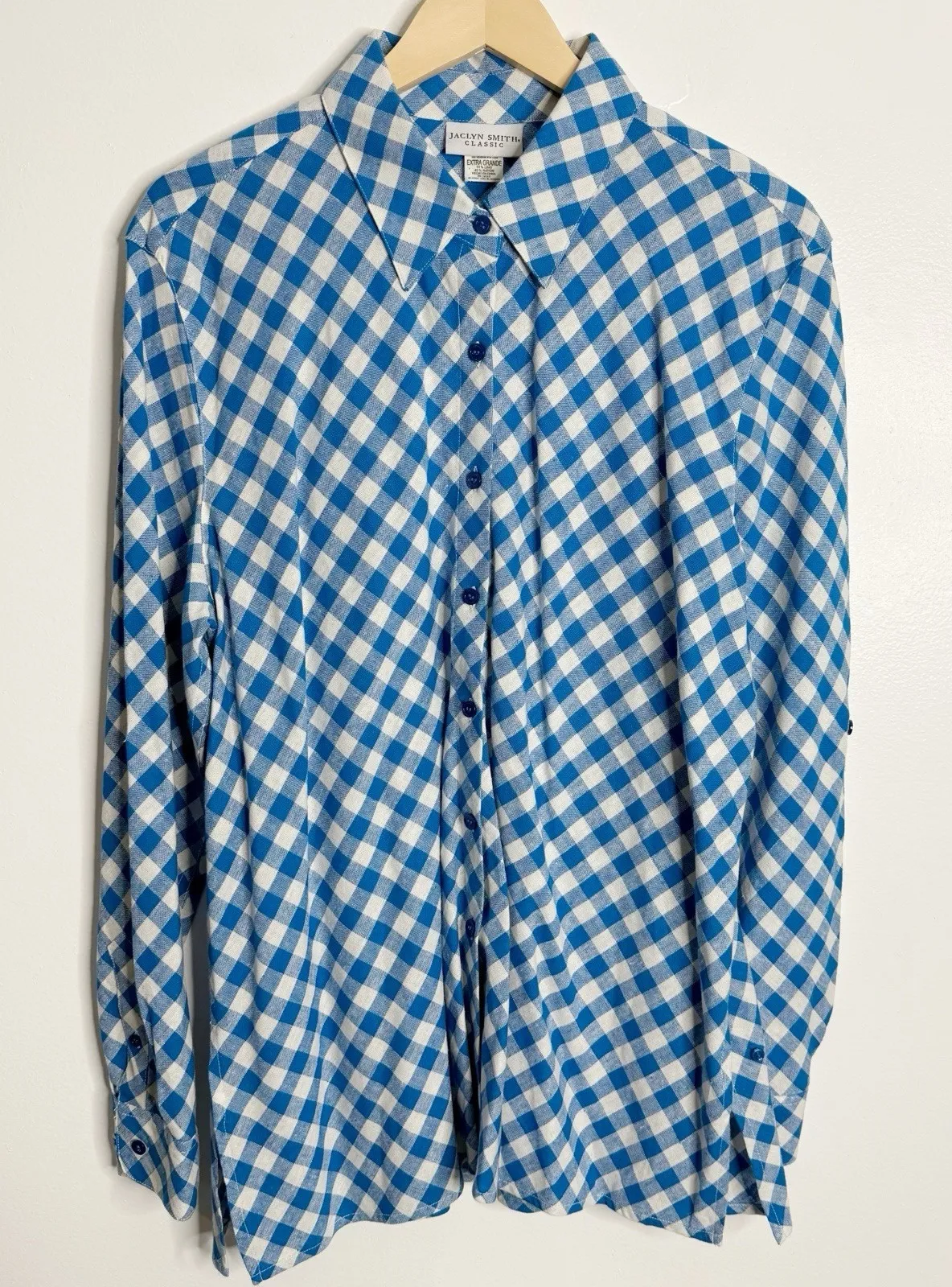 Jaclyn Smith Linen Rayon Blend Plaid Check Tunic Pull Tab Sleeves Blue White XL - Image 1