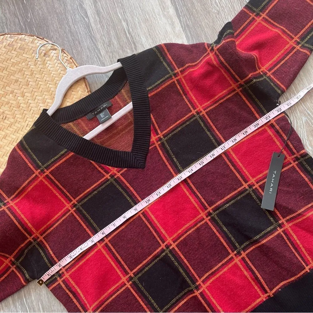 Nwt Tahari plaid v neck sweater Christmas holidays Women’s Size‎ L - Image 3