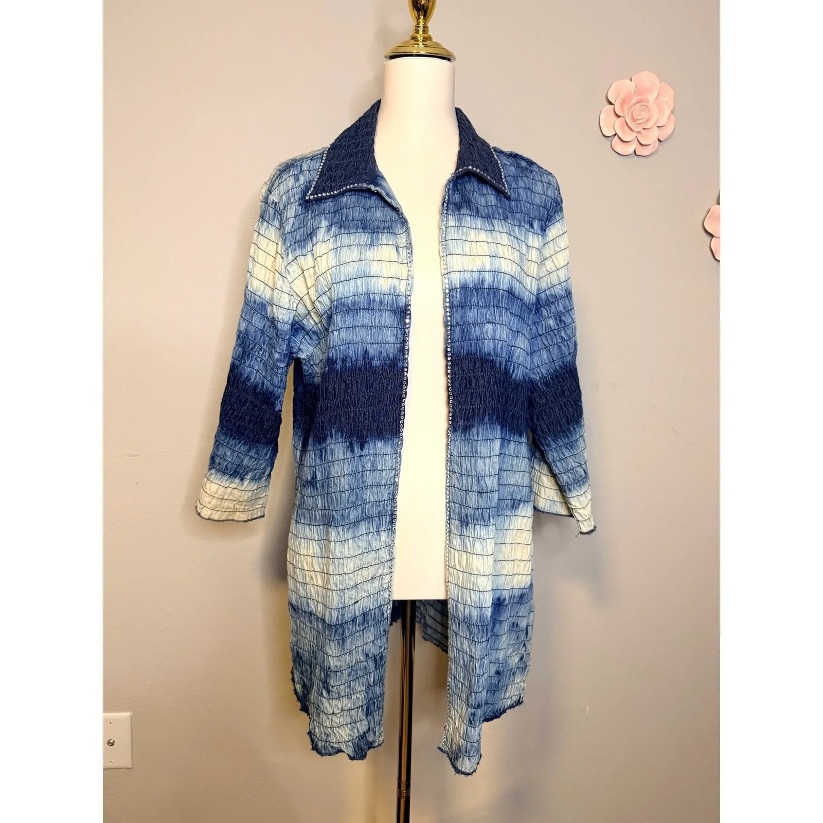 Bleu Bayou Womens Blue Striped Open Front Cardigan Jacket Top 3/4Slv embellished Size L - Image 2
