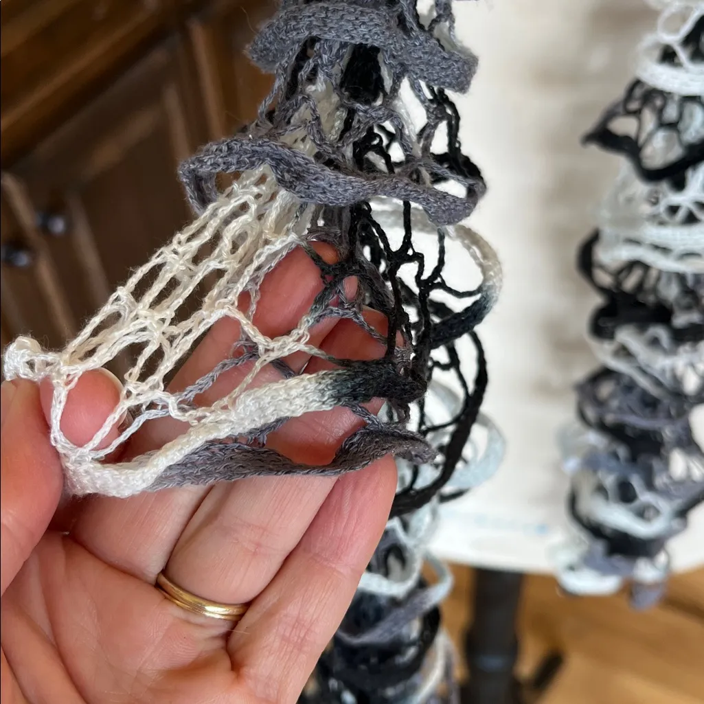 Crochet Ruffle Fashion Scarf Black White Gray - Image 3