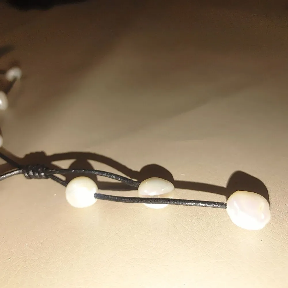 Necklace Handcrafted Pearl Leather Cord Lariat Style 24 inches Black - Image 8