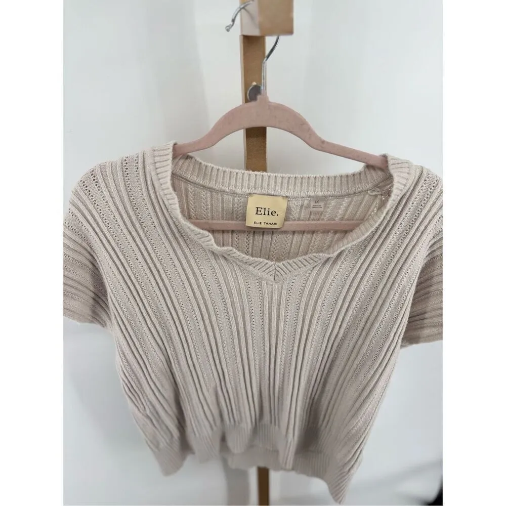 Elie Tahari Women’s Short Sleeve V Neck Beige Grey Sweater Size Large - Image 2