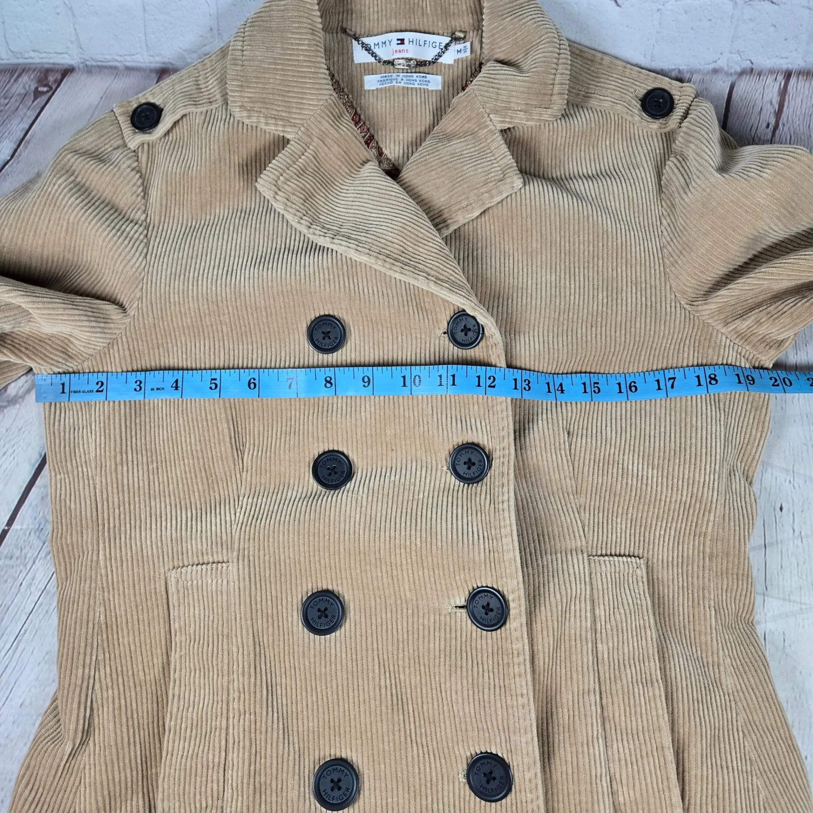 Vintage Y2K Tommy Hilfiger Women's Corduroy Double Breasted‎ Jacket Beige Size M - Image 9