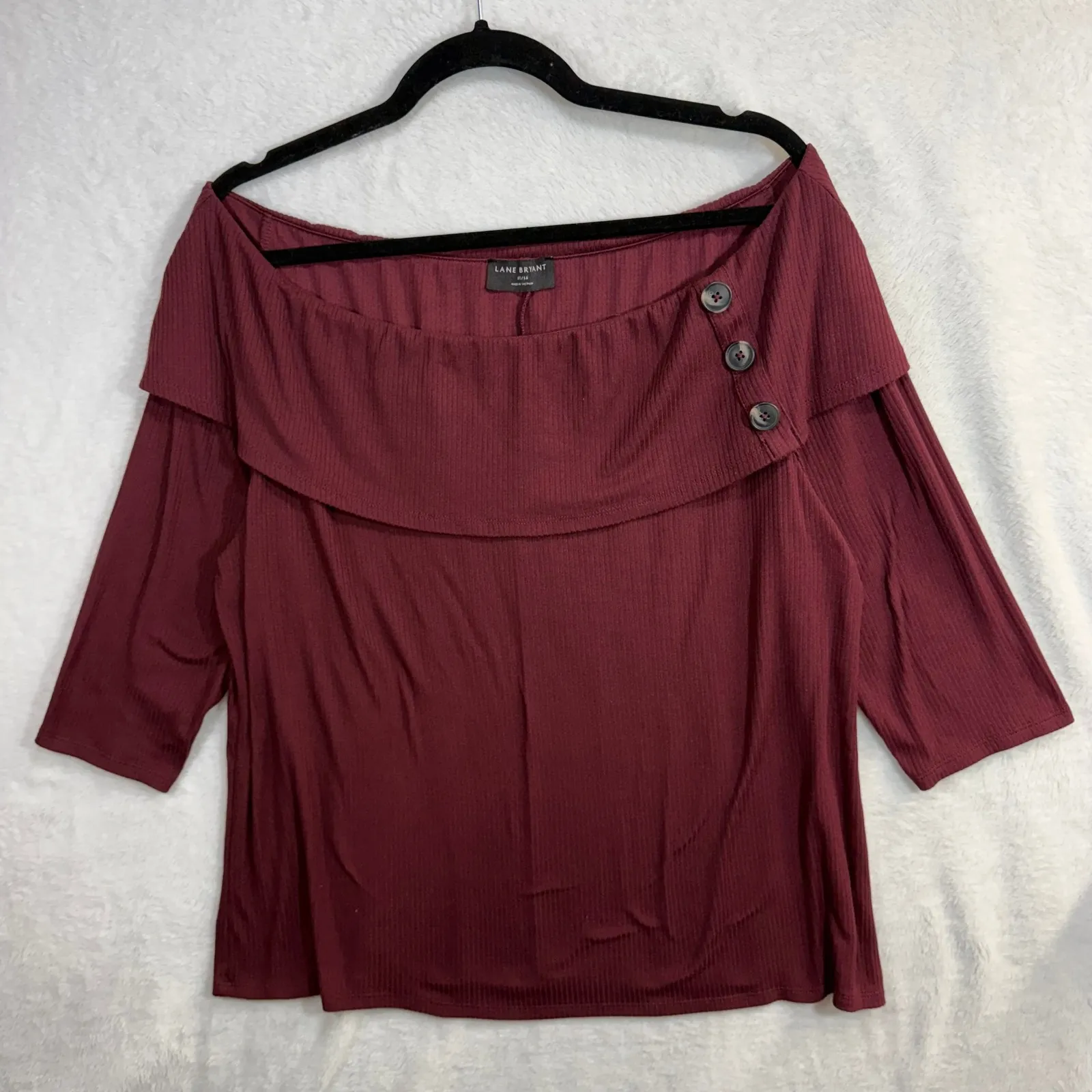 Lane Bryant 14 Top Burgundy Rib Knit 3/4 Sleeve Off Shoulder Feminine Fall Cozy - Image 3