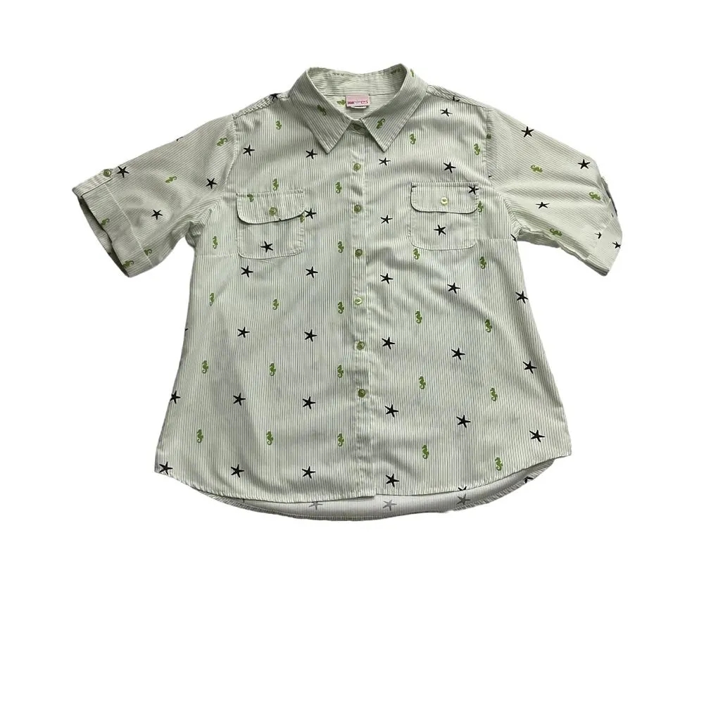 American Sweetheart Stars‎ Seahorse Stripe Blouse Shirt Button Up Sz L Nautical Green Size L - Image 8