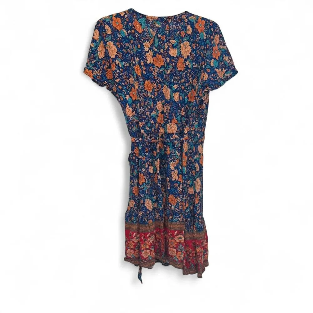 Zesica Women's Floral Short Sleeve Boho Cottage Core Wrap Dress Sz Large Blue - Image 3