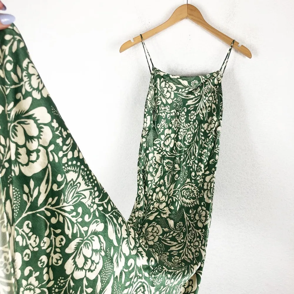 Zara Green Printed Slip Midi Dress Small Satin Tropical Floral Sleeveless - Image 13
