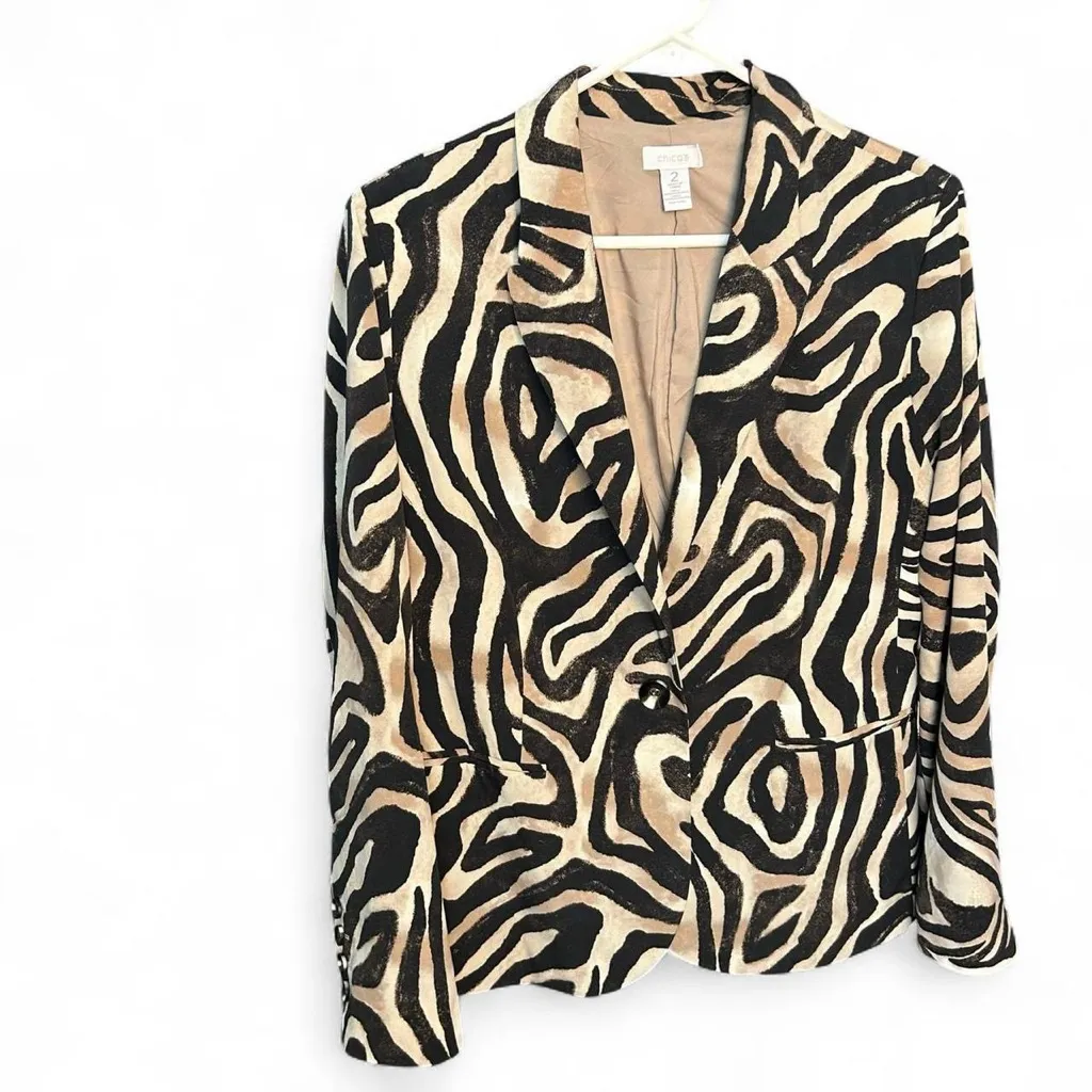 Chico’s Satin Zebra Blazer L / US 12 – Neutral Chic Statement Jacket - Image 2