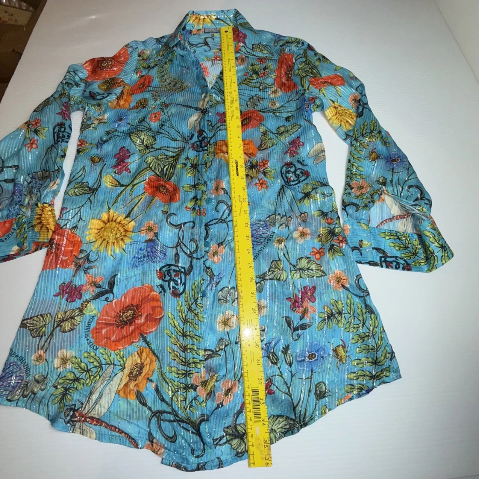 KYLE X SHAHIDA Silver Thread EMBELLISHED BLUE FLORAL PRINT Silk Blouse L Size L - Image 3