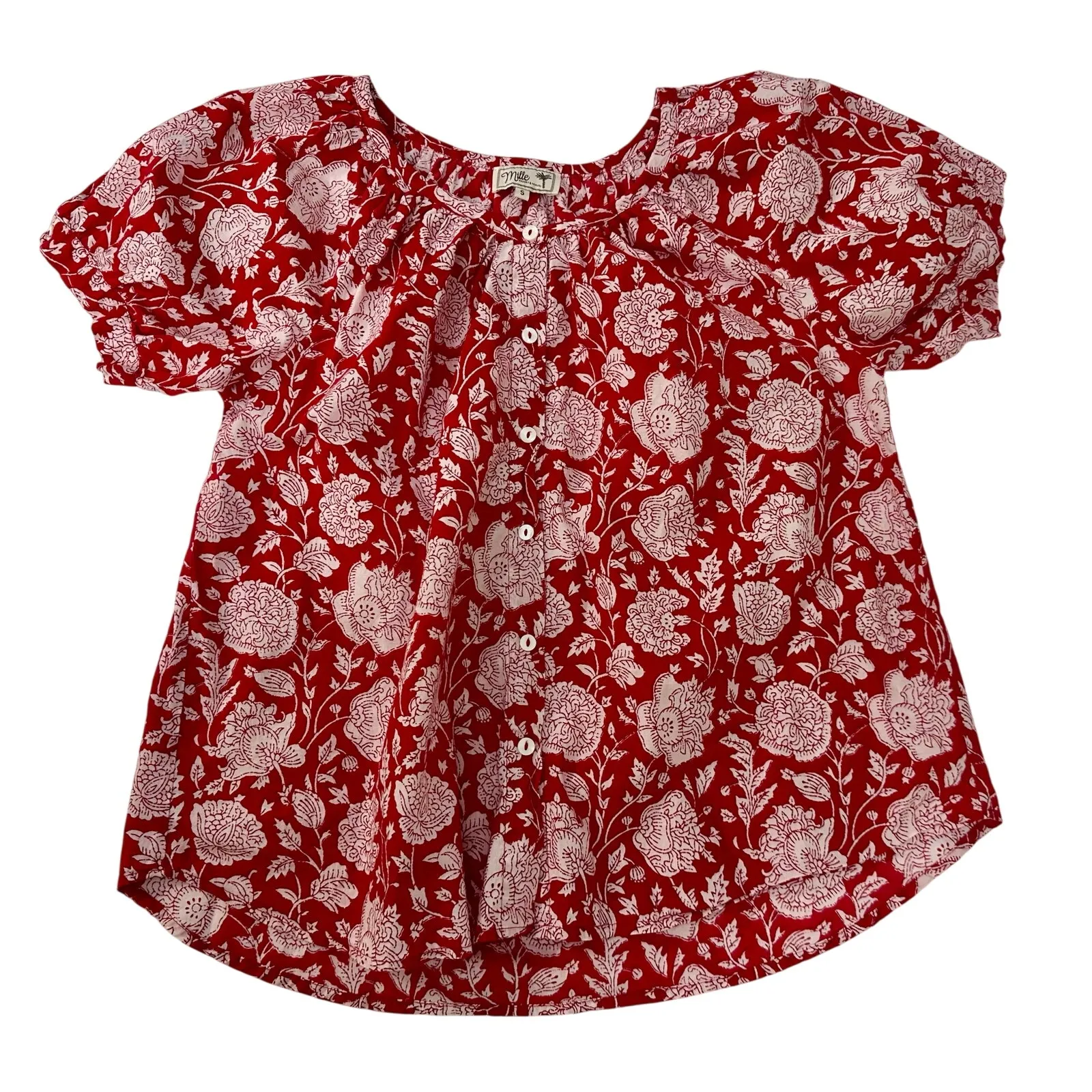 Mille Blouse Naomi Cotton Floral Print Puff Sleeve Top Red Zinnia size Small - Image 2