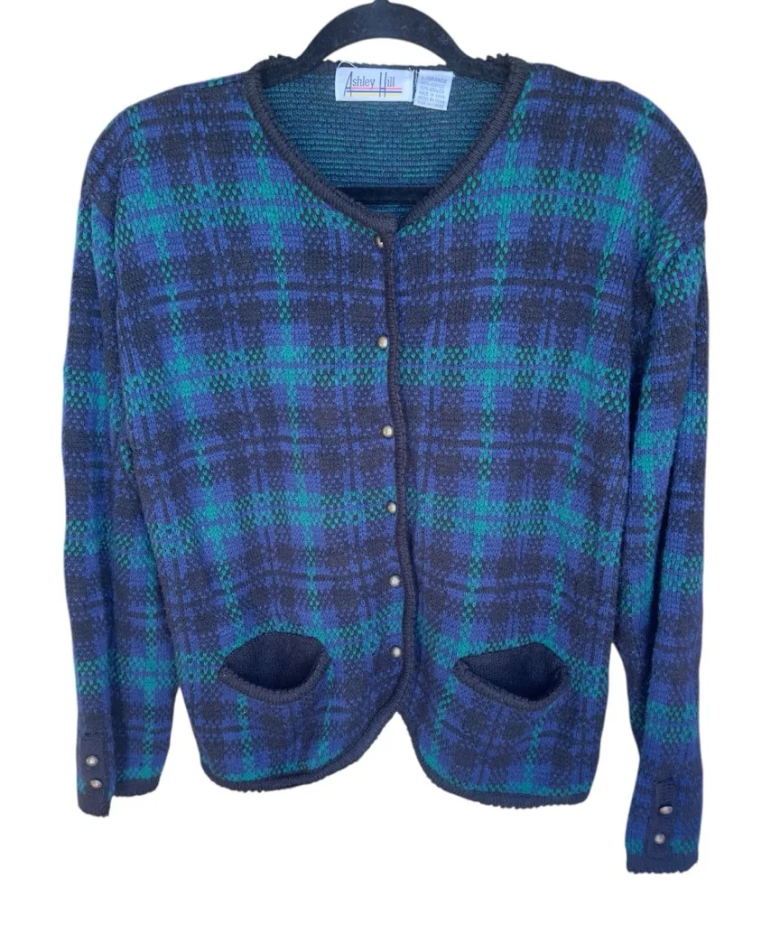 VTG Plaid Knit Cardigan Blue Green Button Front Pockets Grunge Preppy Retro L Size L - Image 1