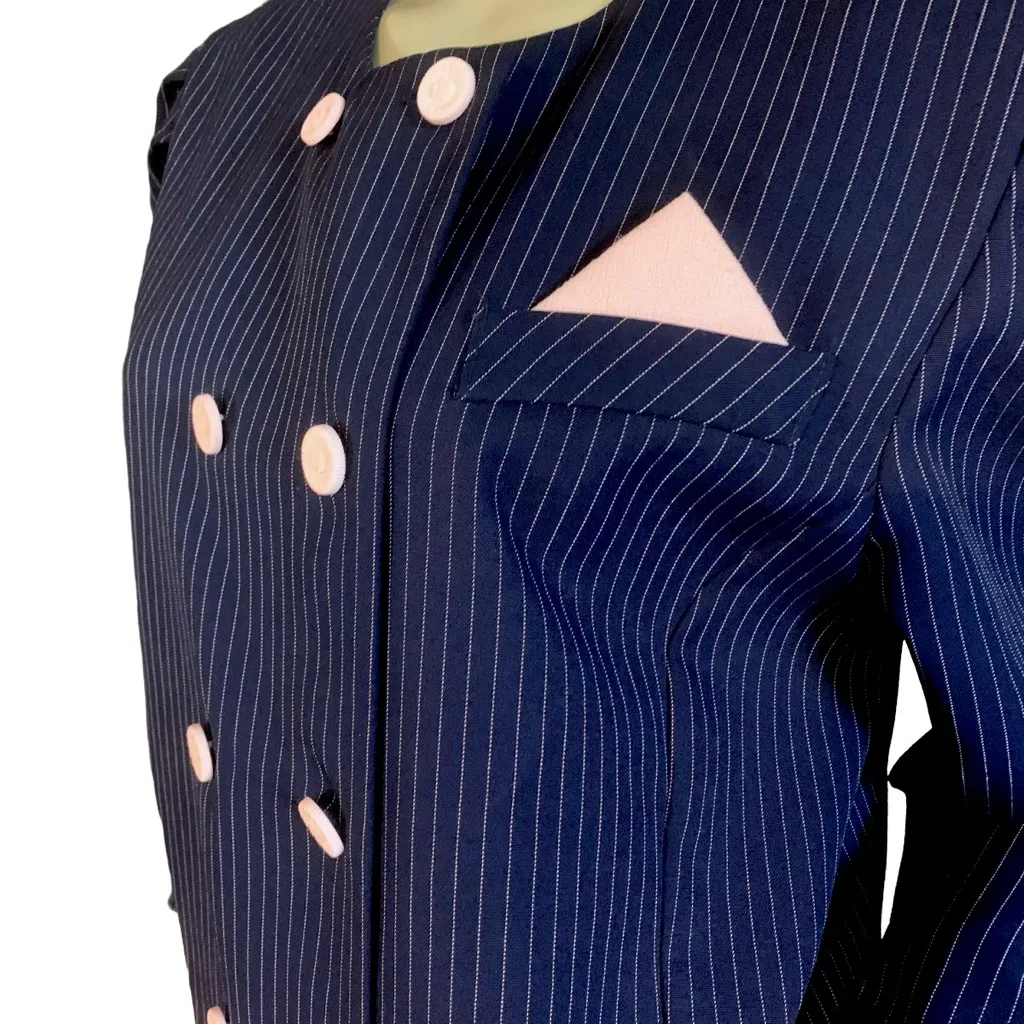 VINTAGE 1980'S GOOD TIMES BLUE & PINK STRIPED BLAZER (16P) - Image 9