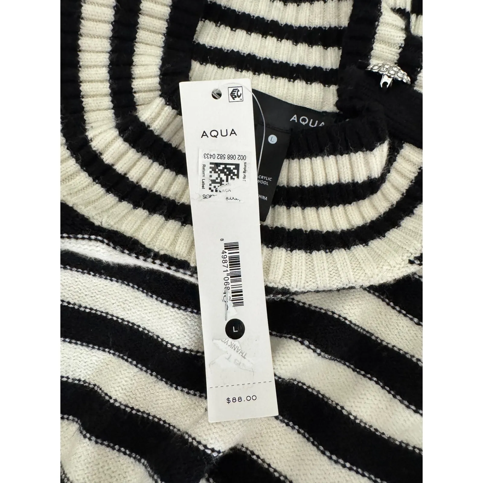 Aqua Striped‎ Mock Neck Sweater Rhinestone Button Detail Long Sleeve L - Image 6