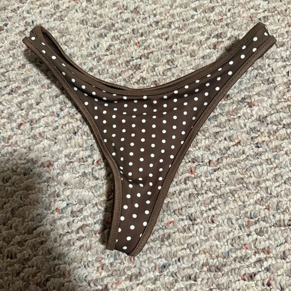 NWT Frankie's Bikinis X PINK Polka Dot Brown White Thong Bikini- Size XS - Image 4