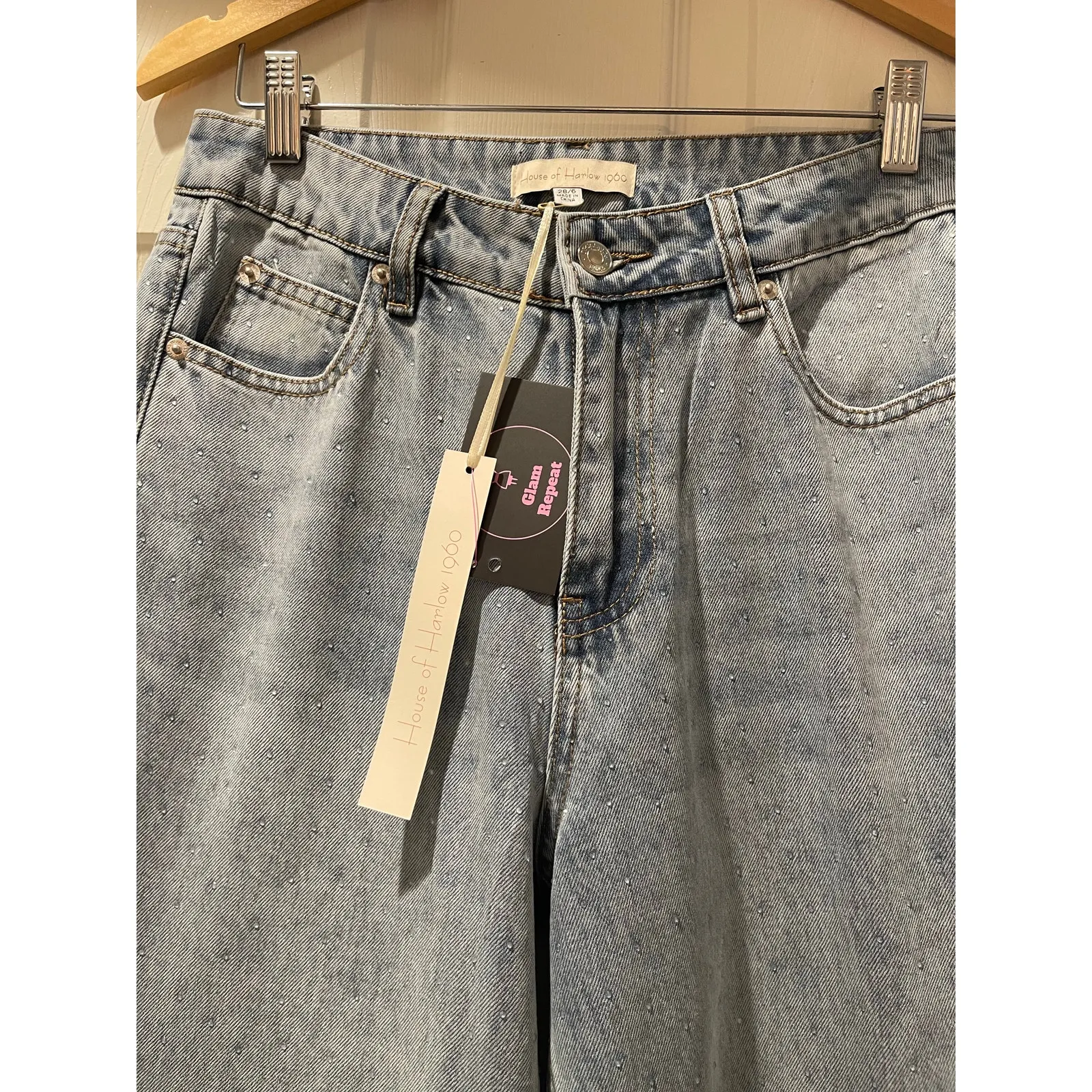 House of Harlow 1960 Crystal Wide Leg Jeans Blue Size 28 - Image 3