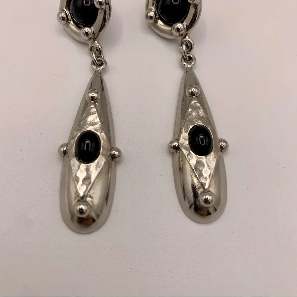 VTG Carol Dauplaise Earrings Silver Tone Dangle Geometric Faux Onyx Cabochon - Image 3