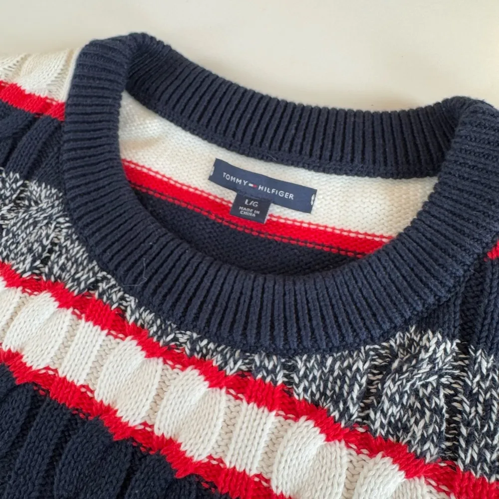 Tommy Hilfiger Navy Blue White Red Striped Cable Knit Crewneck Sweater Sz Large - Image 7