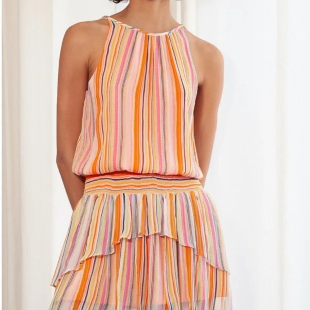 Ramy Brook Tobie Striped Smocked Waist Sleeveless Orange Silk Mini Dress Small - Image 3