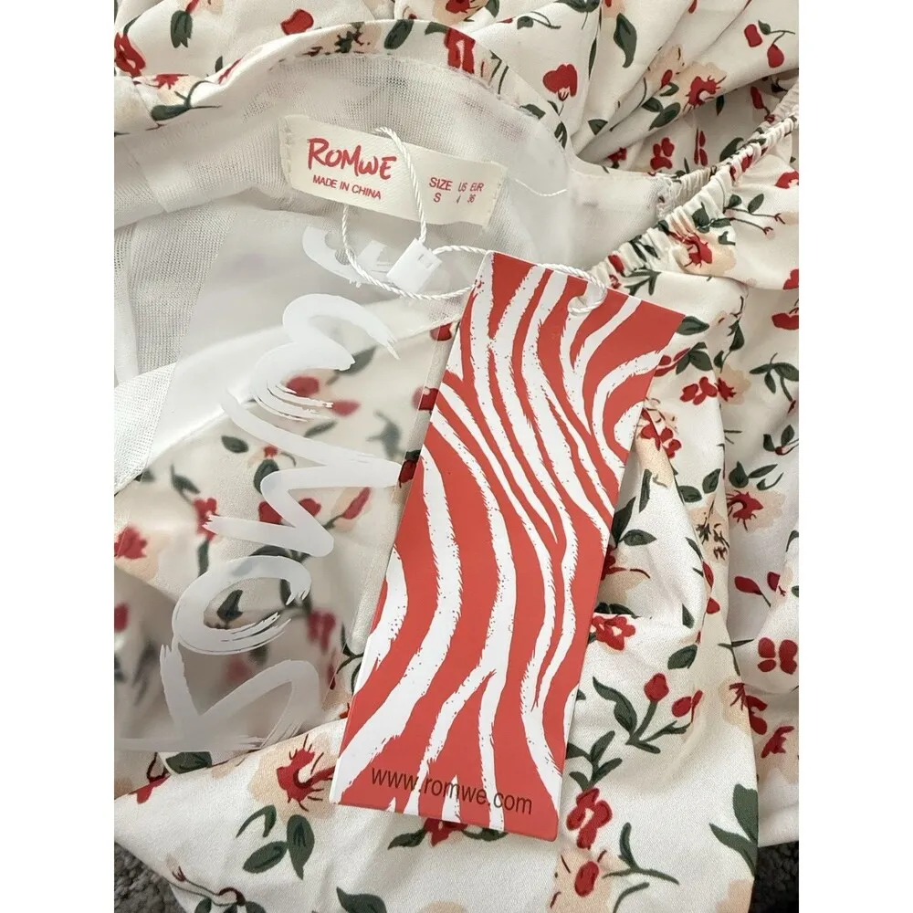 Romwe women mini dress cherry girl ditsy floral ruched ruffle hem romantic S (4) - Image 10