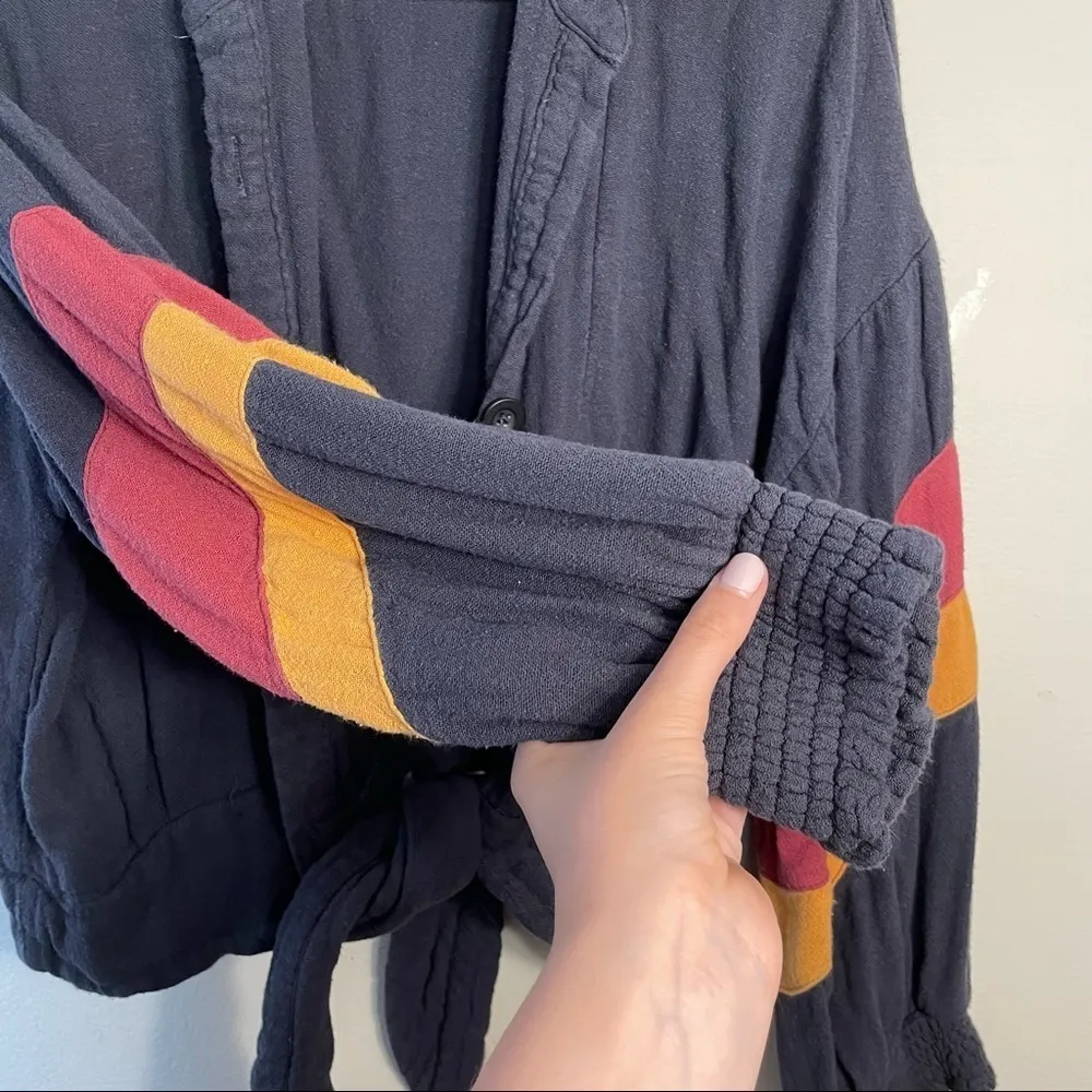 Vintage Havana Sweater Jacket Dark Navy Blue Striped Sleeves Draped Tie Soft - Image 4