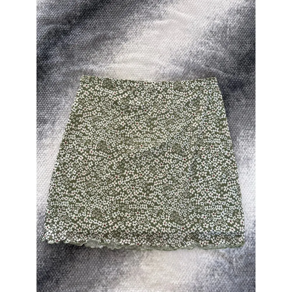 Shein Green Floral Print Lettuce Trim Mesh Bodycon Lined High Waist Skirt Large - Image 2