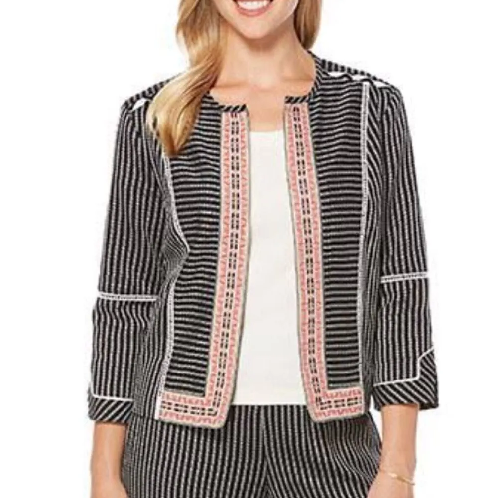 Rafaella Mixed Prjnt Black White Pink Open Cropped Blazer Jacket PS - Image 2