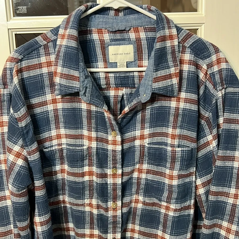 AMERICAN EAGLE Blue Plaid Copped Flannel Button Down Shirt Size XL - Image 3